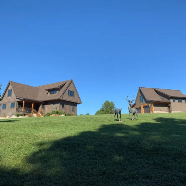 Two houses on a hill with grass in the foreground